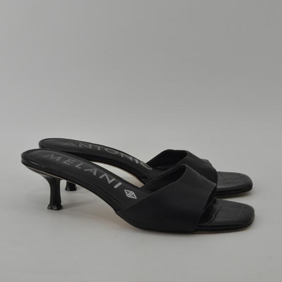 Antonio Melanie Wms Sz 9 Slip On Sandals Black Leather Kitten Heel - Picture 3 of 14